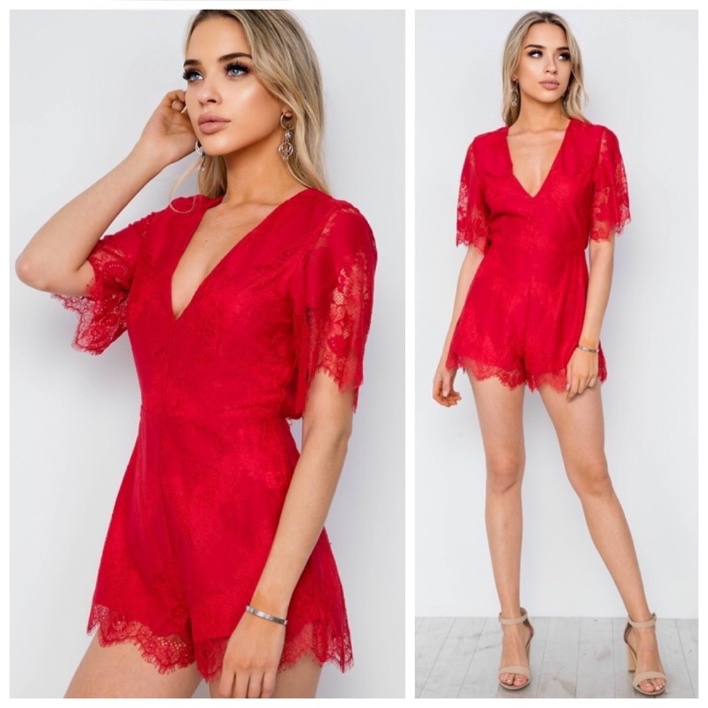 Red open back lace boho rompers